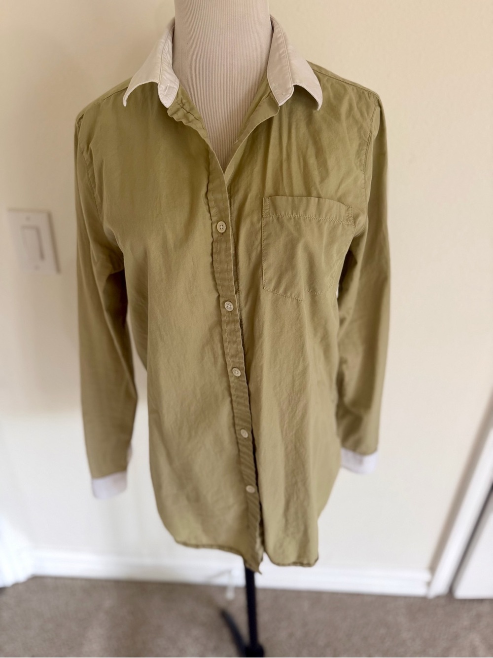 Marie Marot Contrast Two-Tone Winchester Button Down Shirt Olive Khaki Medium